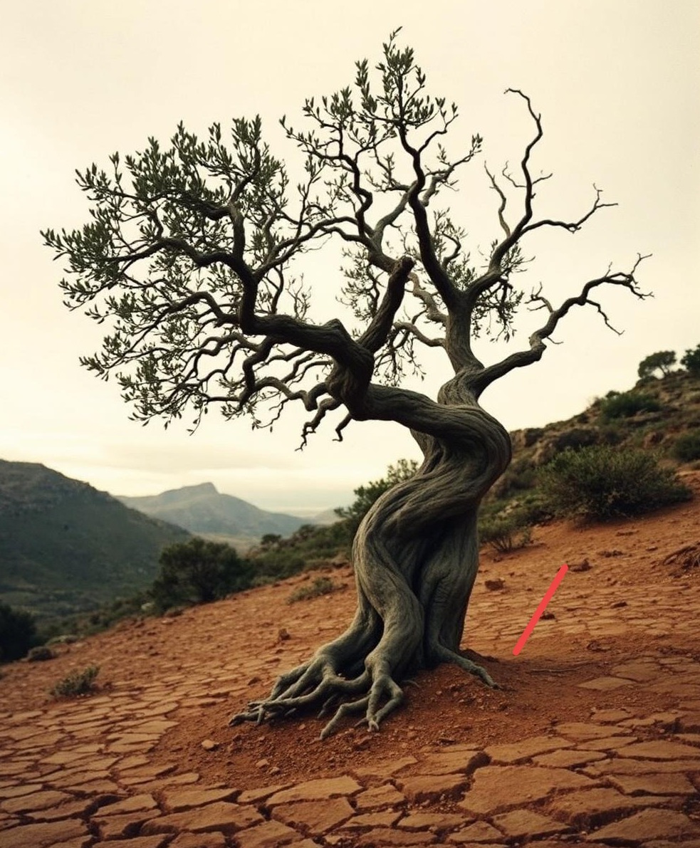Ancient gnarled olive tree twisting out of cracked red earth on a Mediterranean hillside