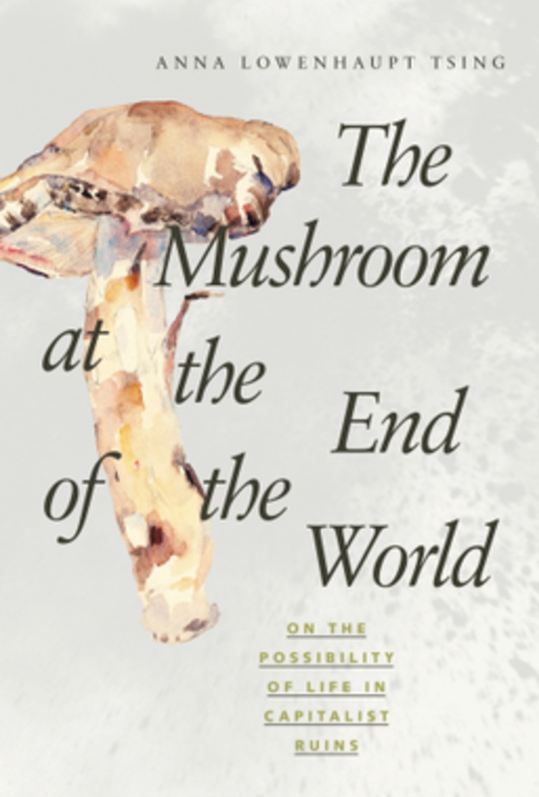 Cover of The Mushroom at the End of the World by Anna Lowenhaupt Tsing — a painted matsutake mushroom on a pale background