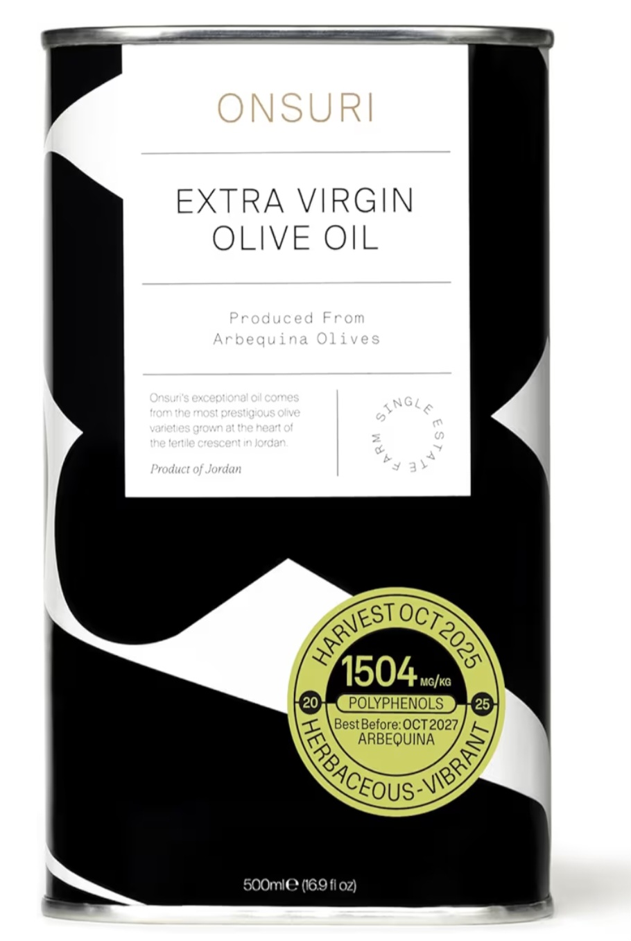 Onsuri Premium 25/26 extra virgin olive oil — 500 ml tin, Arbequina, single farm estate, Jordan