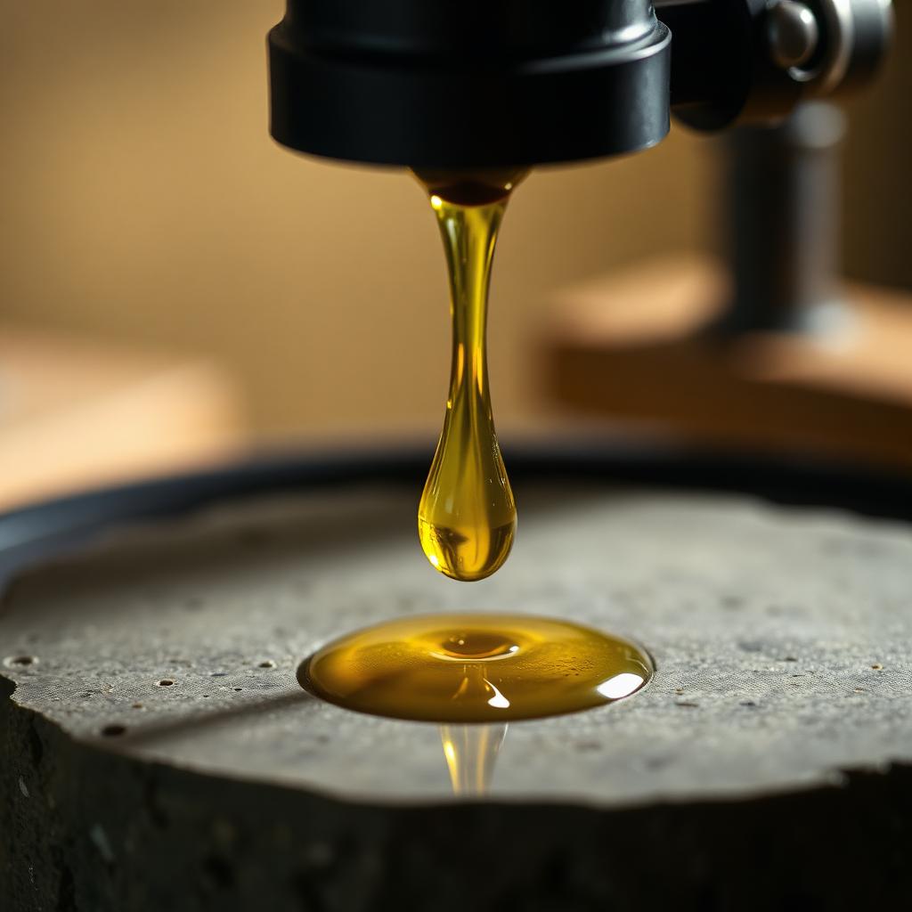 A single golden-green droplet of olive oil falling from a mechanical cold press