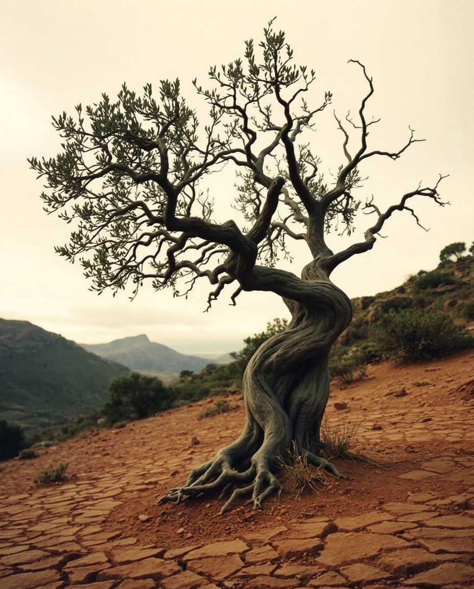 Ancient gnarled olive tree twisting out of cracked red earth on a Mediterranean hillside
