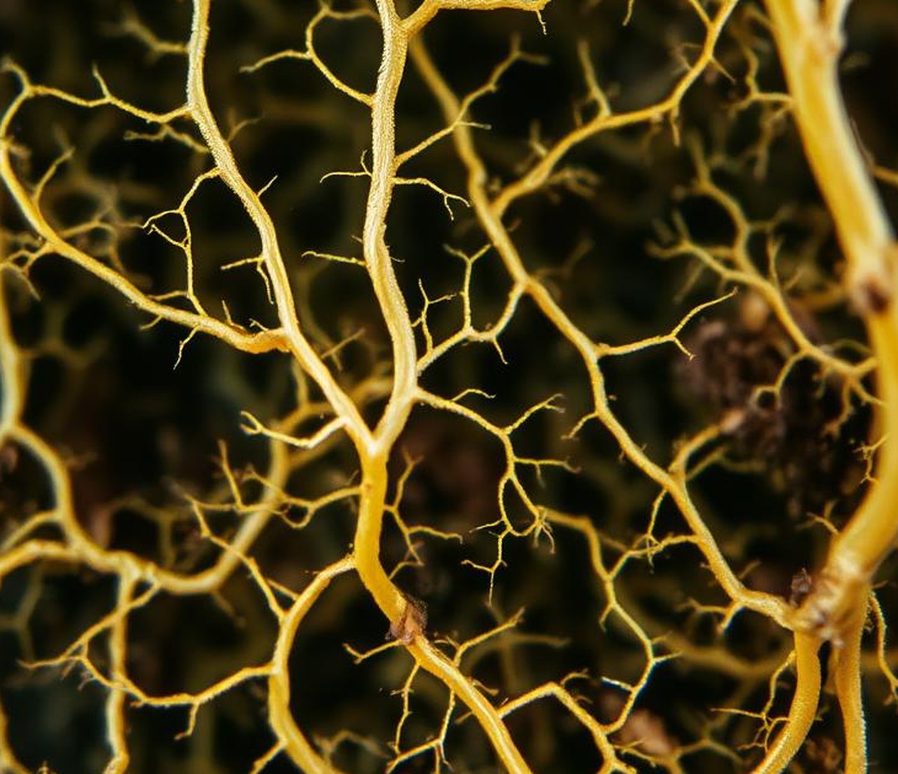 A branching mycelium network of fungal threads spreading like a neural web through dark substrate